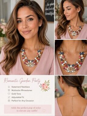Colorful Rhinestone Statement Bib Necklace Gold Tone 14"